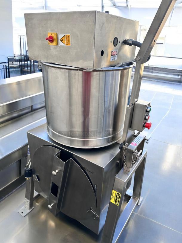 CocoaTown ECGC-65A-AV commercial cacao grinder in excellent condition, stainless steel, 220V, fully tested, with caution labels.