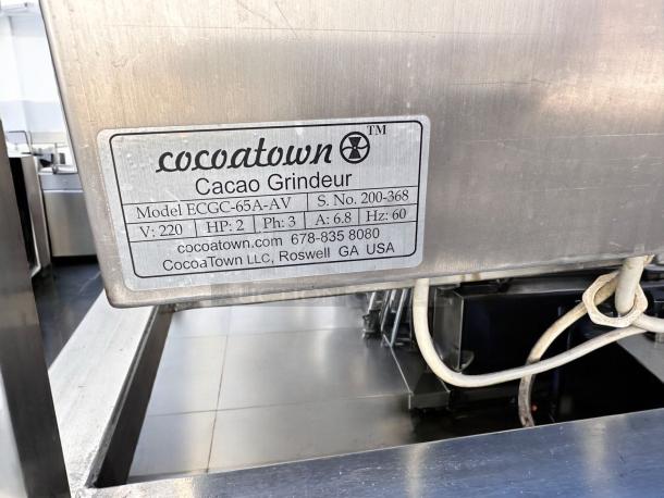 CocoaTown ECGC-65A-AV commercial cacao grinder, 220V, excellent condition, fully tested. Label shows model and specs.