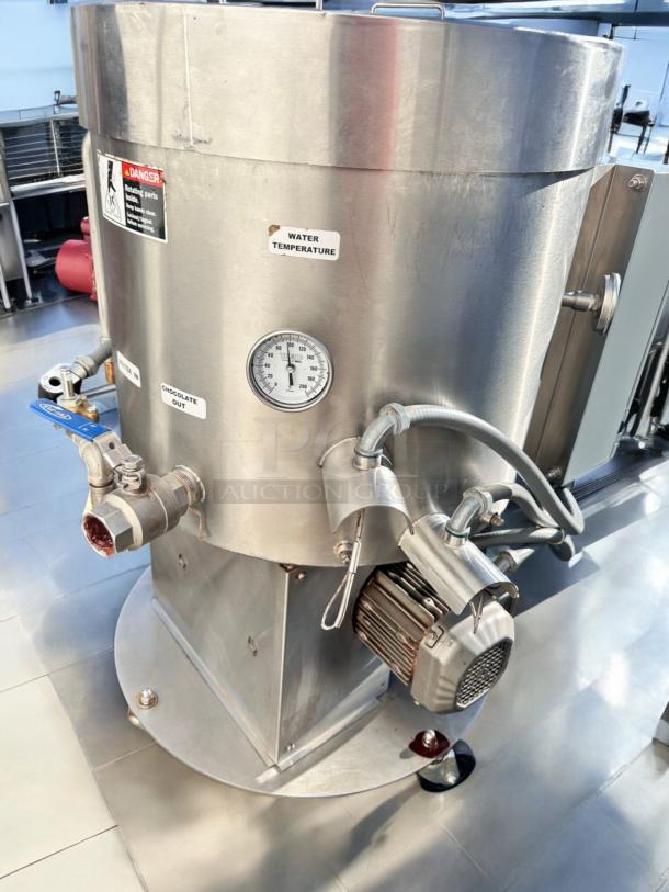 Excellent condition chocolate melter & mixer system by Custom Fabrication, model BC8N410S, featuring Watlow heating system, 240V, fully tested and working, with temperature gauge and labeled outlets.