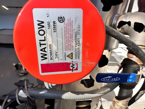Custom Fabrication chocolate melter with Watlow BC8N410S heater. Excellent condition, 240V, fully tested, visible labeling.