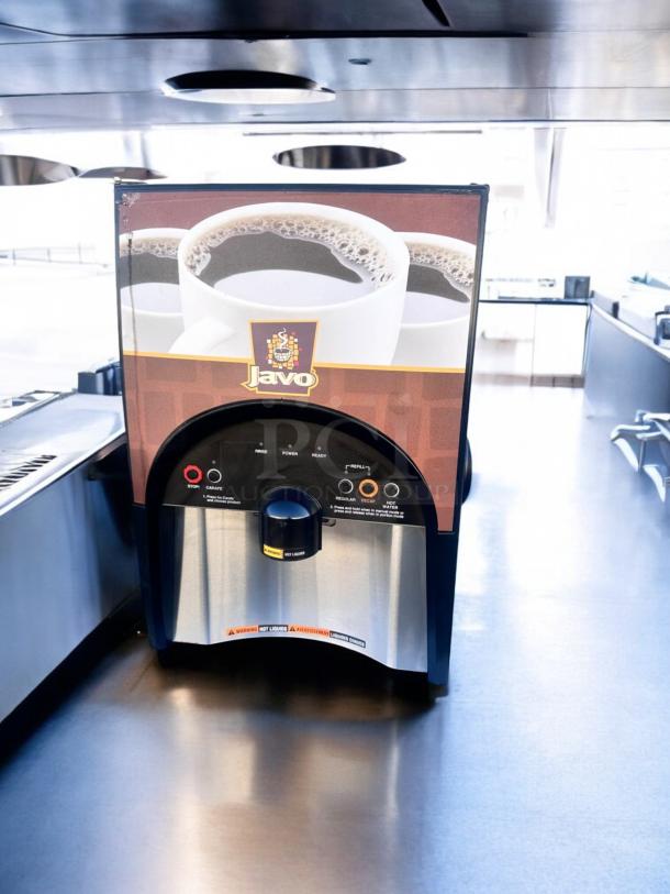 Javo Hot Beverage Dispenser, excellent condition, fully tested, 120V, featuring image of coffee cups, stainless steel panel.