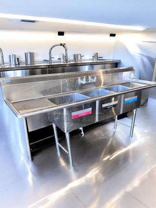 GSW 3-compartment stainless steel sink with dual drainboards, excellent condition, NSF certified, fully tested and working.
