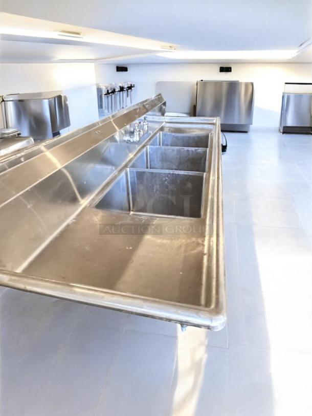 GSW stainless steel 3-compartment sink with dual drainboards, excellent condition, NSF certified, fully tested.