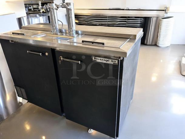 Beverage-Air DD58BC draft beer dispenser, excellent condition, 2 keg capacity, features dual taps and branded label, 115V.