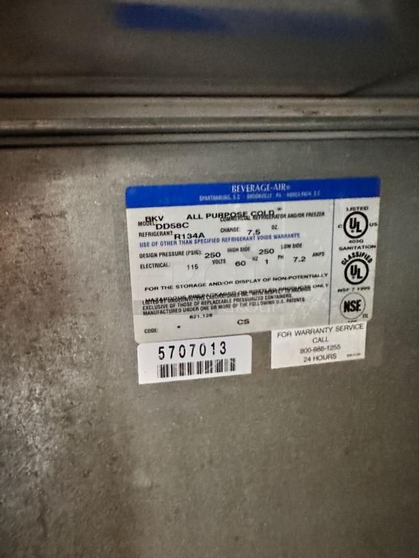 Beverage-Air DD58BC draft beer dispenser label, showing model, refrigerant type, electrical specs, and warranty service number.