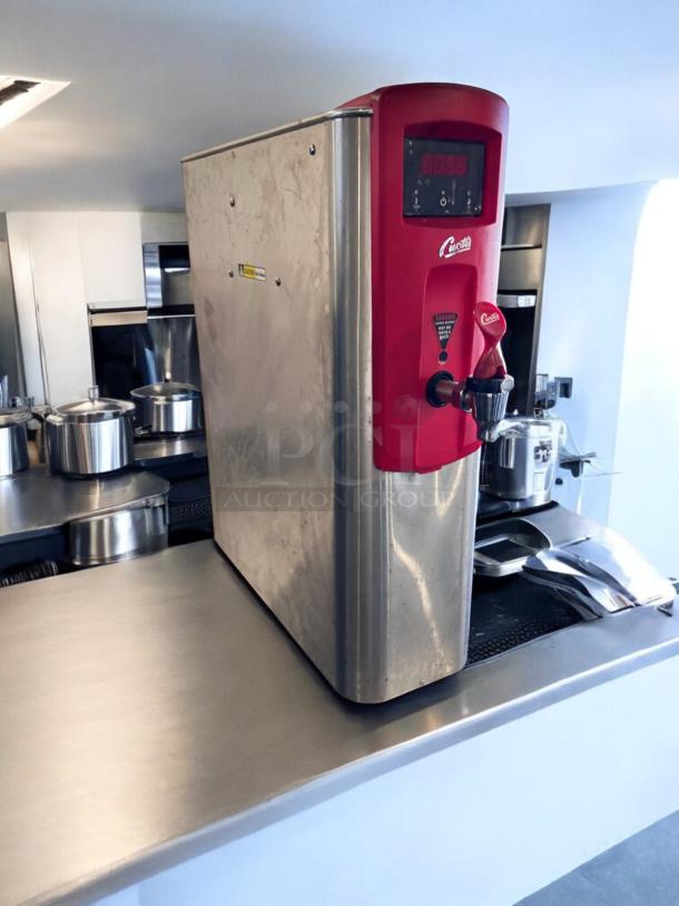 Curtis WB5N digital hot water dispenser, excellent condition, stainless steel, red accents, fully tested, 120V.