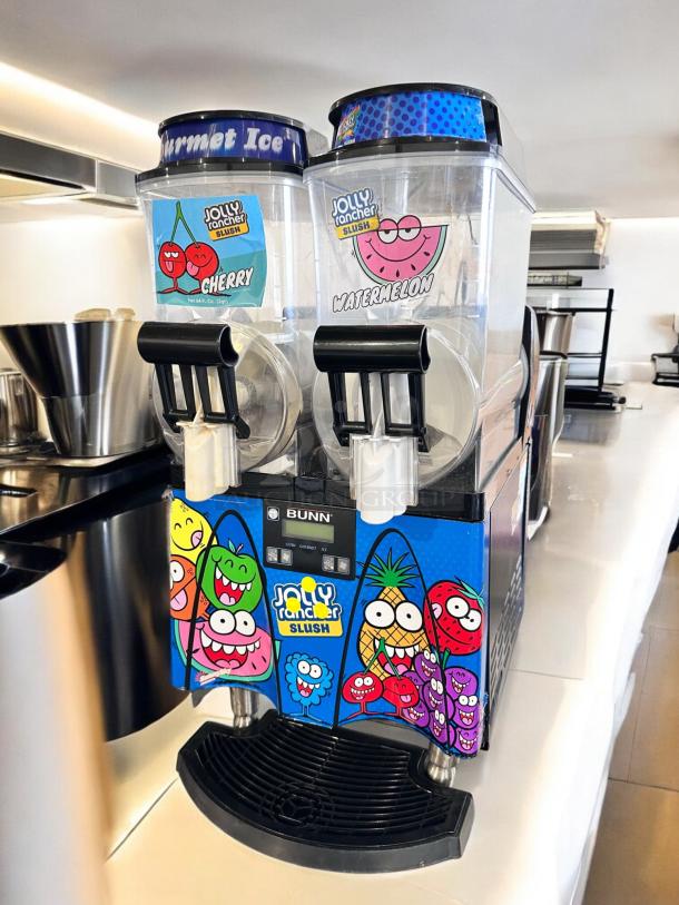 Bunn ULTRA-2 Dual Tank Jolly Rancher Slush Machine, excellent condition, 120V, fully tested, colorful graphics.