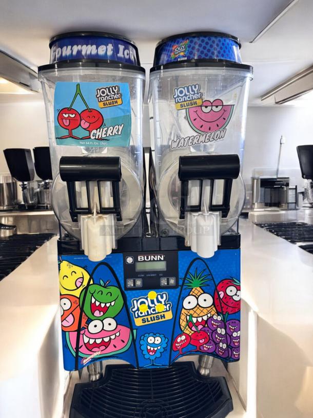 Bunn ULTRA-2 Jolly Rancher Slush Machine, dual tank, excellent condition, 120V, cherry and watermelon labels, fully tested.