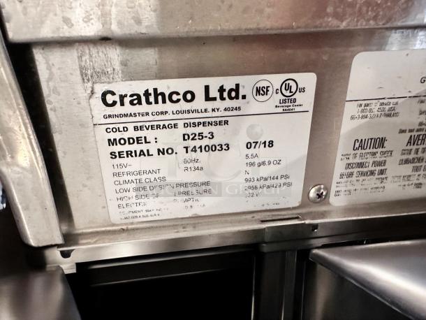 Crathco D25-3 dual bowl cold beverage dispenser label, model number T410033, 115V, fully tested and functioning.