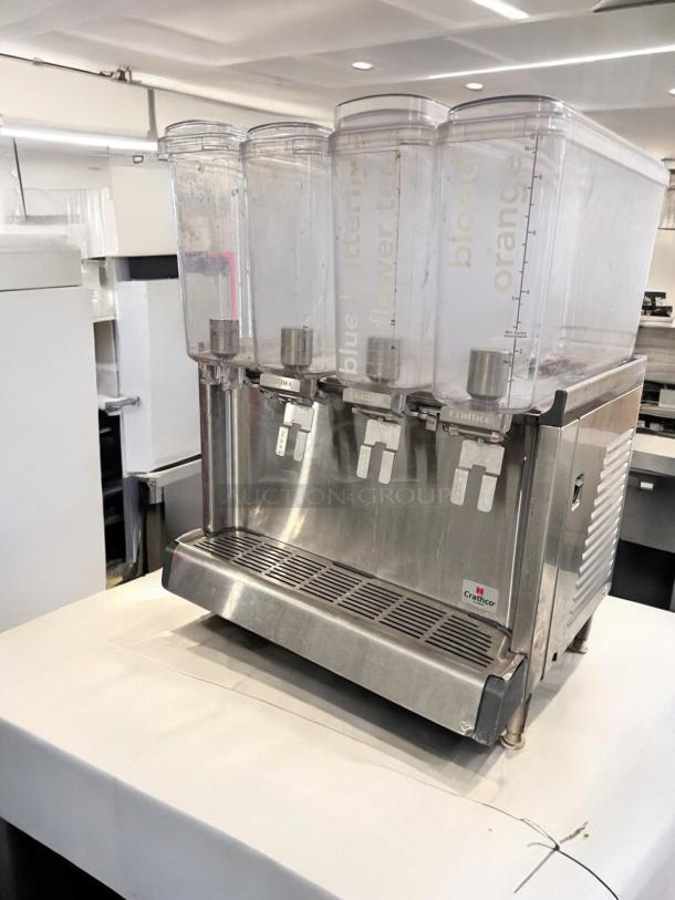 Crathco CS-4E-2/3D-16 triple bowl cold beverage dispenser in excellent condition, stainless steel, fully tested, 120V.