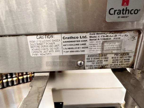 Crathco CS-4E-2/3D-16 triple bowl cold beverage dispenser in excellent condition, includes caution label and model info.