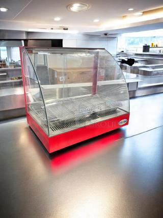 Cozoc FWS504-2 Countertop Food Warmer Display Case, excellent condition, 120V, glass curvature, and red base, fully tested.