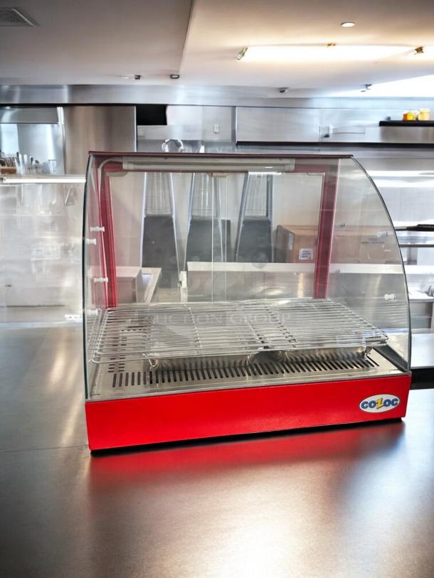 Cozoc FWS504-2 countertop food warmer display case, excellent condition, 120V, red trim, clear glass, fully tested.