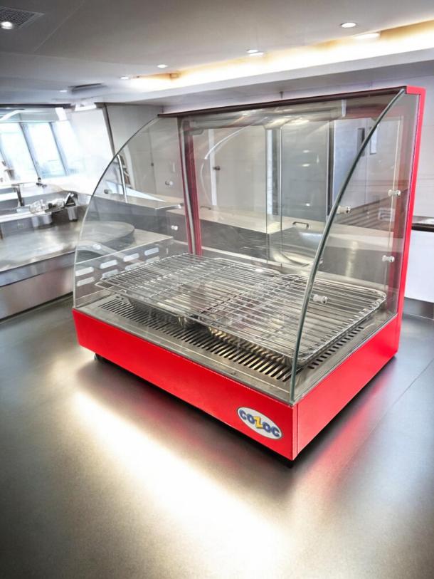 Cozoc FWS504-2 countertop food warmer display case, red frame, glass enclosure, excellent condition, fully tested, 120V.