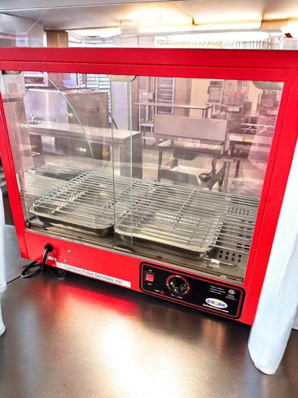 Cozoc FWS504-2 countertop food warmer display case, excellent condition, 120V, tested, with glass panels and temperature controls.