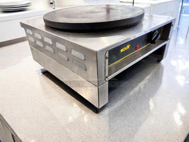 Sodir 400E Electric Crepe Maker by Equipex in superb condition, 220V, fully tested, operational, stainless steel exterior.