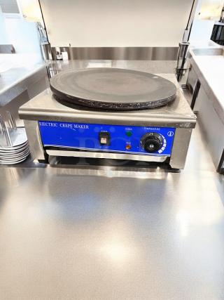 Model Italy HE-1E electric crepe maker, excellent condition, 110V, with temperature control and power indicators.