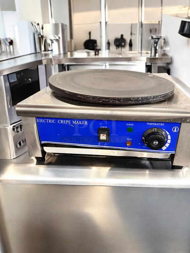 Model Italy HE-1E Electric Crepe Maker, excellent condition, 110V, fully tested, with power and temperature controls.