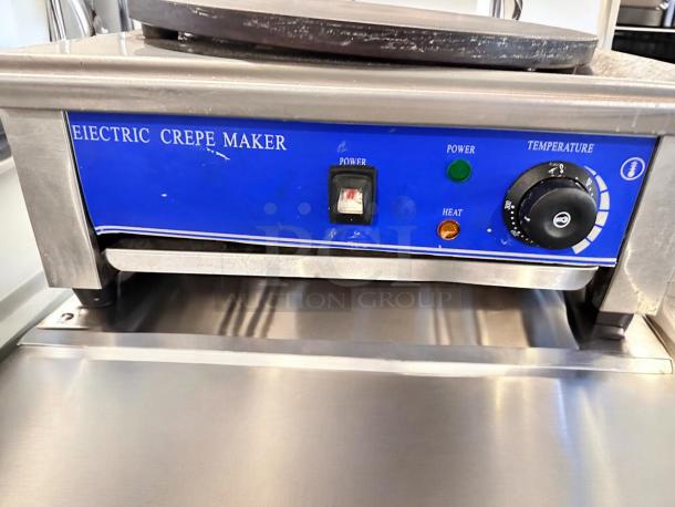 Model Italy HE-1E electric crepe maker, excellent condition, 110V, features power and heat controls, fully tested.