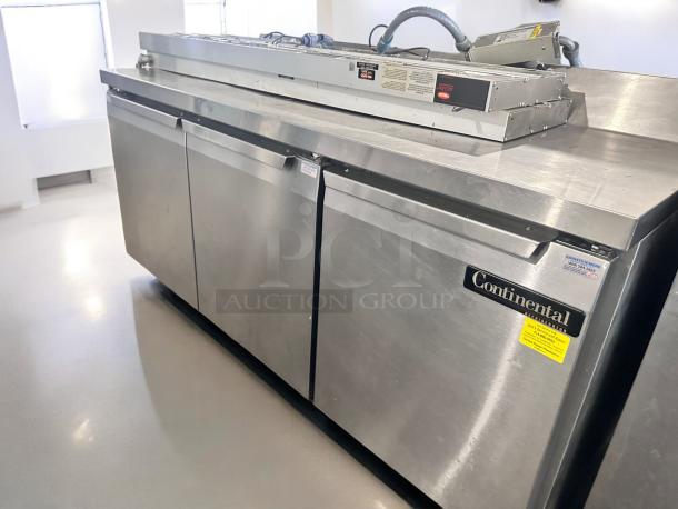 Continental SW72-AS-BS 72" stainless steel worktop refrigerator in excellent condition; visible labels confirm model and brand.