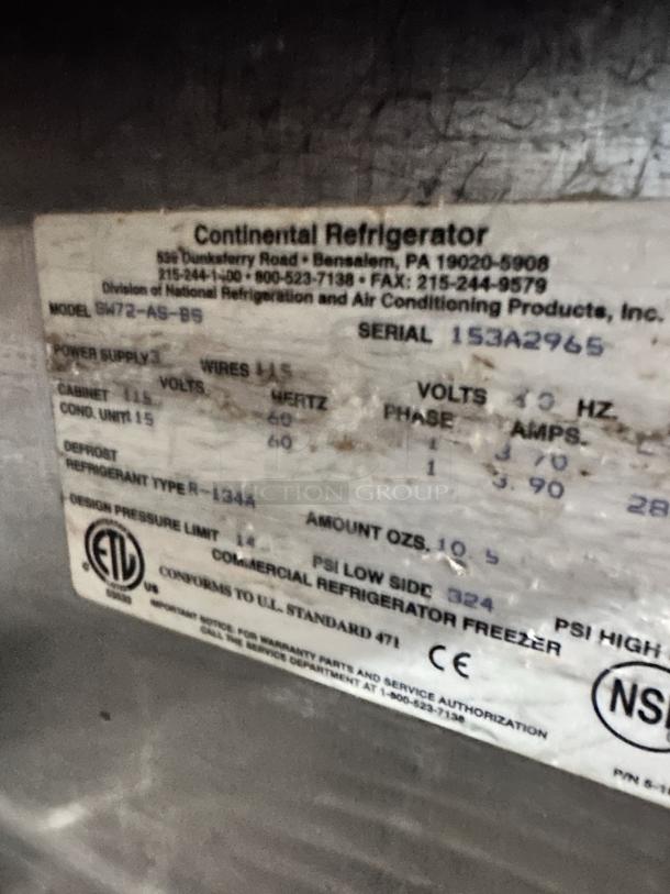 Continental Refrigerator SW72-AS-BS label; shows model, serial number 153A2965, power specs, and UL standard conformity.