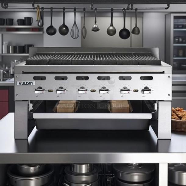 Vulcan VACB36 36"W Achiever Series Radiant Gas Charbroiler, 108 kBTU, fully tested, with stainless steel knobs and V-shaped grates.