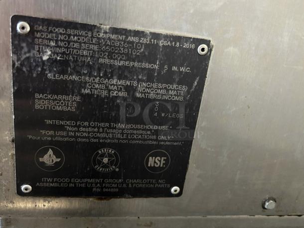 Vulcan VACB36 Achiever Series gas charbroiler label, model VACB36-101, 102,000 BTU, NSF certified, industrial use.