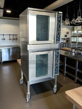 Double stacked Moffat Turbofan E32MS/2 convection ovens, stainless steel, fully tested, working, on casters for mobility.