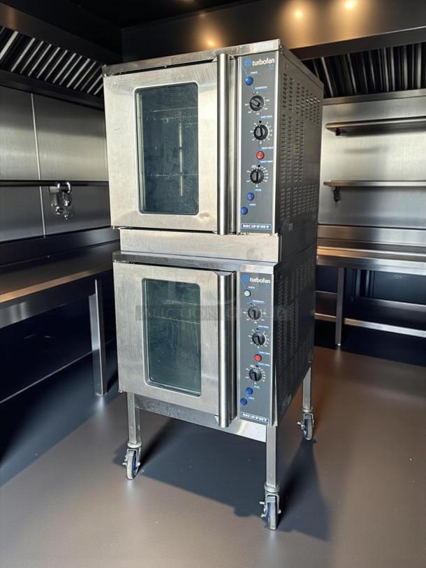 Moffat Turbofan E32MS/2 double stacked convection ovens, stainless steel, fully tested, on casters.