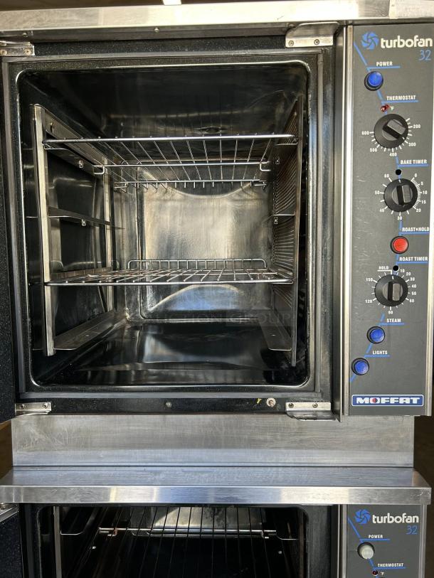 Moffat Turbofan E32MS/2 double stacked full-size electric convection ovens, fully tested and working, with control dials.
