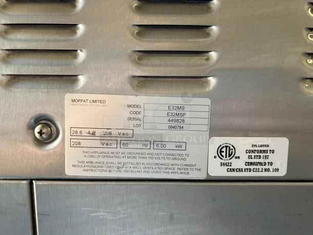 Moffat Turbofan E32MS/2 label showing model, serial 449828, and electrical specs. ETL certification visible.
