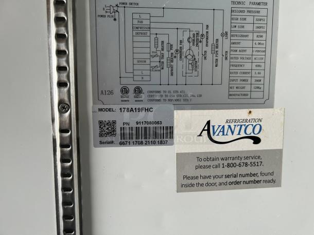 Avantco A-19F-HC 29" Reach-In Freezer, model 178A19FHC, showing technical parameters and warranty label.