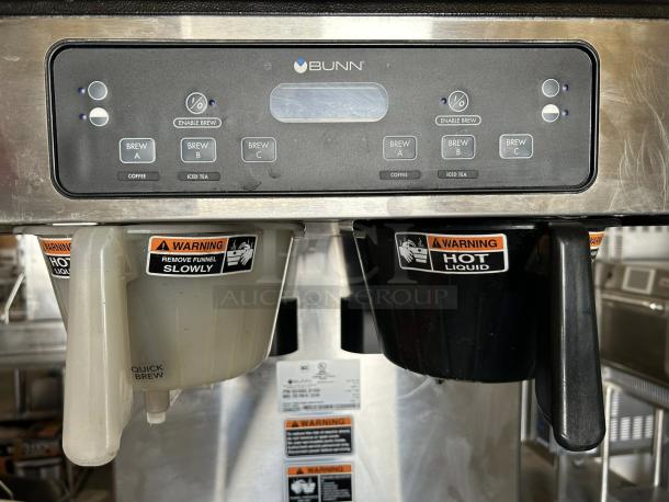 Bunn ITCB TWIN brewer, model 52400.0000. Features dual funnels, hot liquid warnings, and control panel. Tested and working.