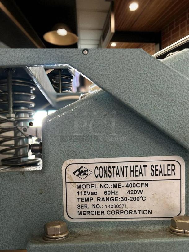 12" Constant Heat Foot Sealer, Model ME-400CFN, 115V, 420W, Temp Range 30-200°C, tested, lined jaw, excellent condition.