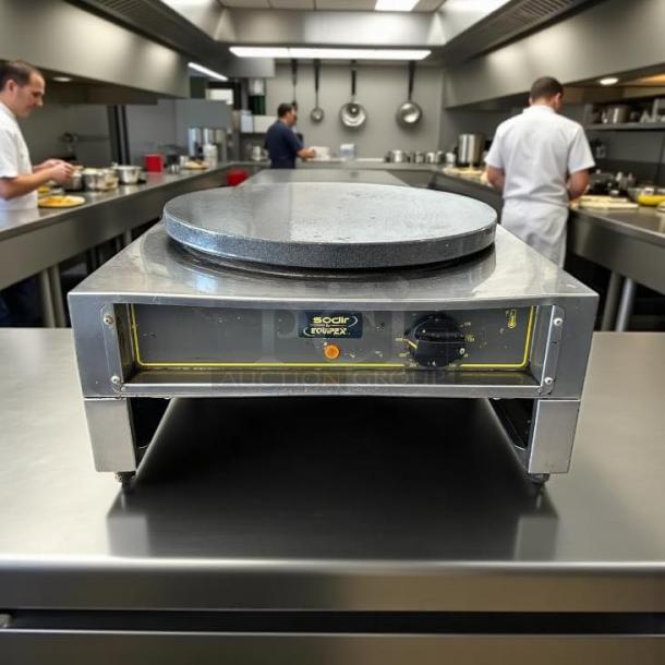 Equipex 400E single crepe maker with 15.75" cast iron plate, excellent condition, 240v/1ph. Visible control dial and branding.
