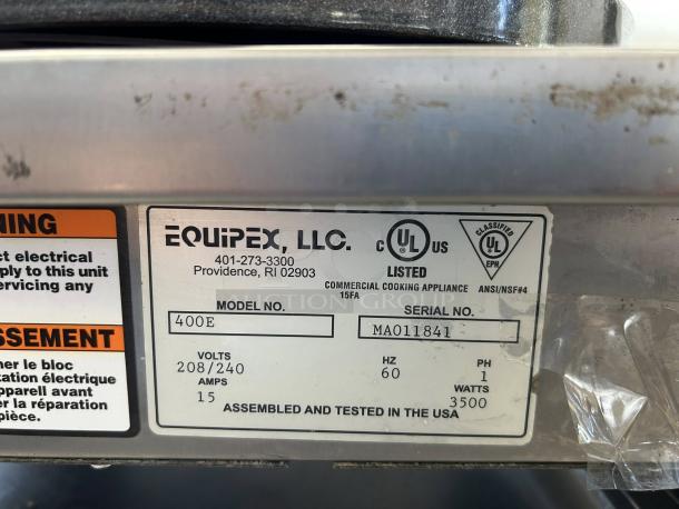 Equipex 400E 15 3/4" crepe maker. Cast iron plate, 240v/1ph. UL listed. Serial MA011841. Excellent condition, tested.