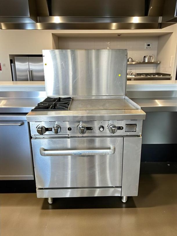 Atosa AGR-2B24GR CookRite gas range, 2 burners, 24" griddle, oven, stainless steel, fully tested, excellent condition.