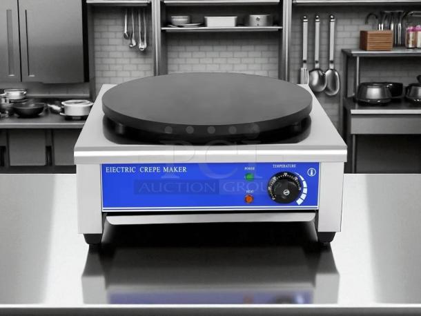 Italy Model HE-1E 17.7" round plate electric crepe maker, tested and working. Features control panel and power indicators.