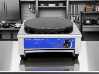 Italy Model HE-1E 17.7" round plate electric crepe maker, tested and working. Features control panel and power indicators.