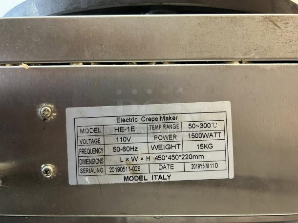 Italy Model HE-1E Crepe Maker, 17.7" round plate, 115V, 1500W, awesome condition, tested & working, label visible.
