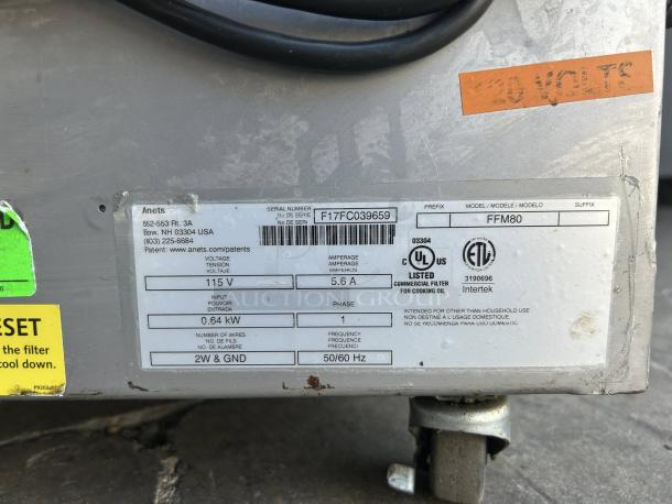 Anets FFM80 commercial fryer filter in excellent condition. Features include 80 lb capacity, 120v, tested and working. Labels show specs and certifications.