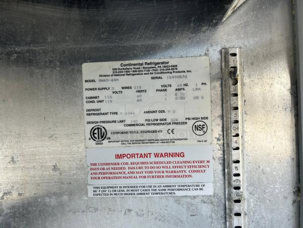 Continental SW60-24M commercial refrigerator freezer label, detailing model, power supply 115V, refrigerant type R-134a, and safety standards.