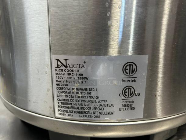 Narita NRC-1160 rice cooker with label showing model, voltage, and certifications. New condition, 30-cup capacity.