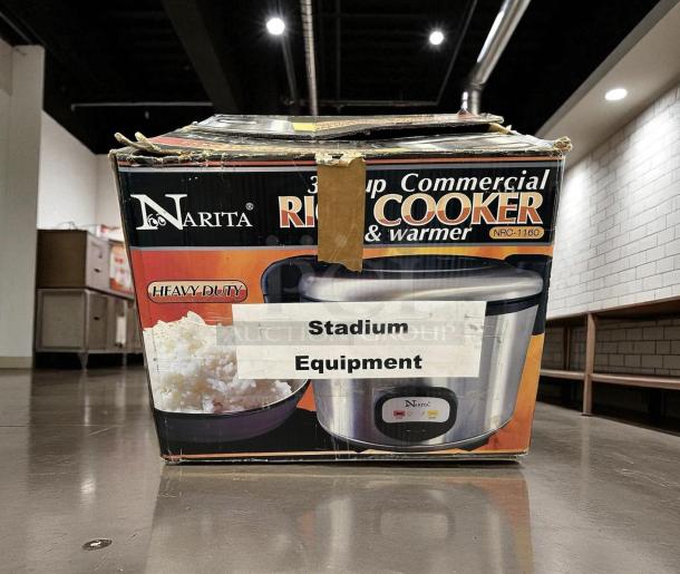 New Narita NRC-1160 30-cup rice cooker in box. Heavy-duty stainless steel, 115V. Box labeled "Stadium Equipment."