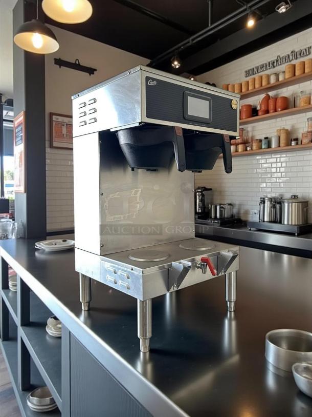 Wilbur Curtis G4GEMT10A1000 dual automatic coffee brewer, 220V, excellent condition, stainless steel, fully tested.