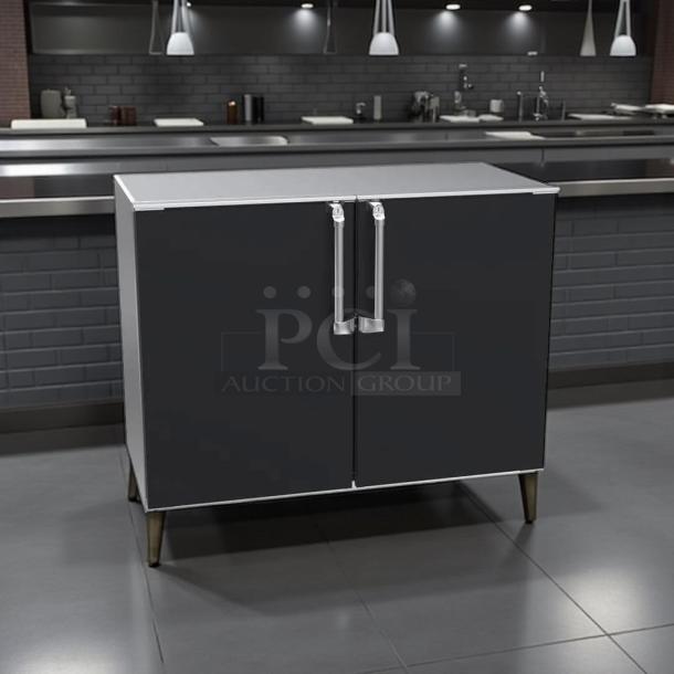 Krowne BR48 back bar cabinet, 48" dry, non-refrigerated, with black finish and two solid doors, in excellent condition.