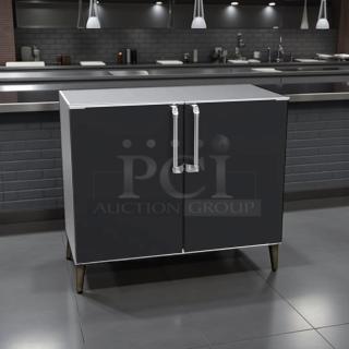 Krowne BR48 back bar cabinet, 48" dry, non-refrigerated, with black finish and two solid doors, in excellent condition.