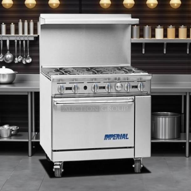 Imperial Range IR-6NG Pro 36" gas range, 6 burners, 26.5" oven, stainless steel, excellent condition, fully tested.