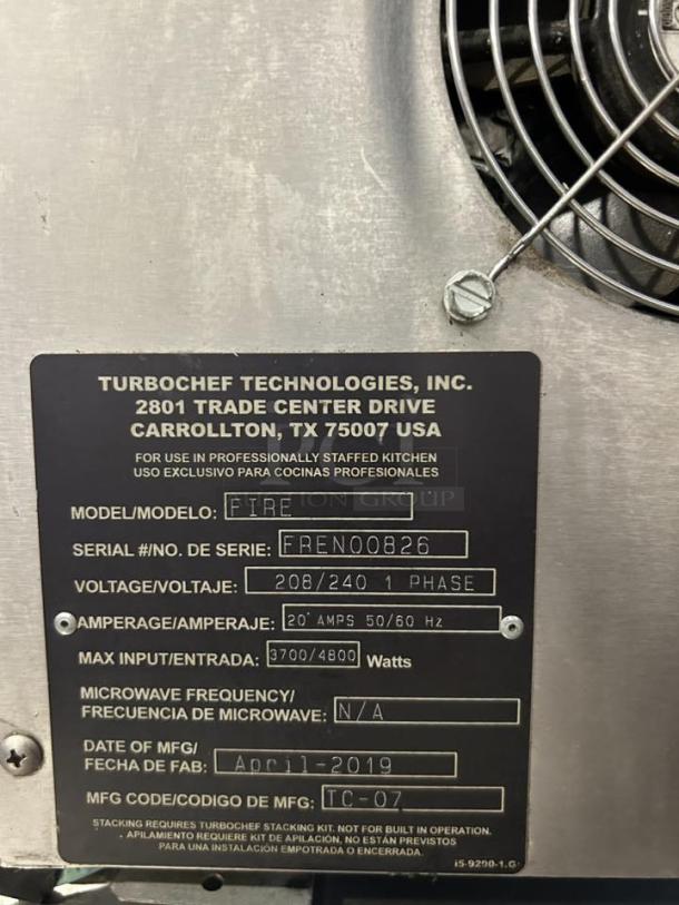 TurboChef FIRE countertop pizza oven, model FRE-9600-1, serial FREN00826. Voltage 208/240V, 20A, 3700/4800W. Made April 2019.