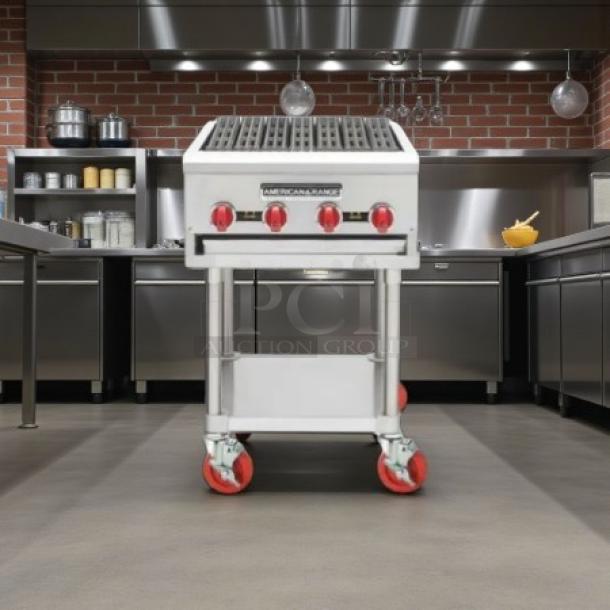 American Range ARRB-30 countertop charbroiler, new, 30" wide, heavy duty, with four red controls. Model AERB-30.